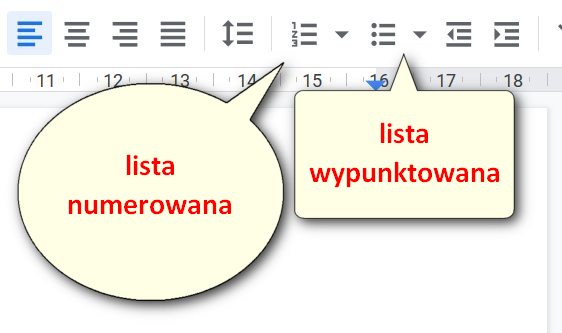Widok ikon list w dokumencie tekstowym google